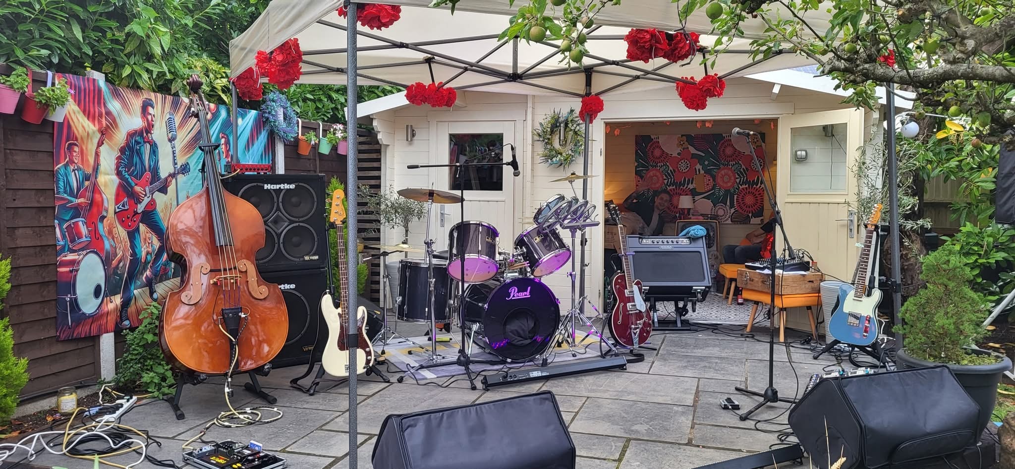 Band setup at an outdoor garden gig